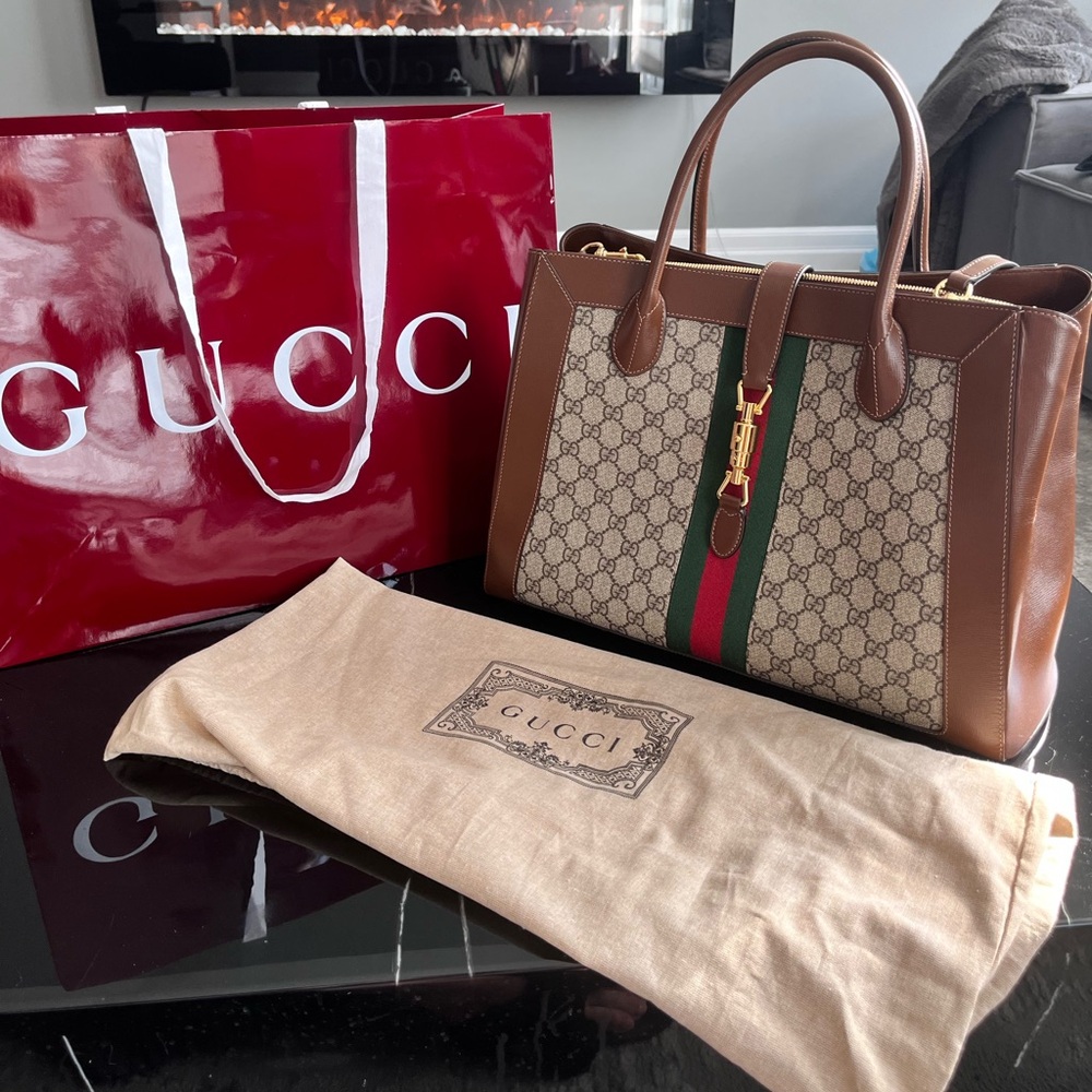 Gucci Beige and Brown Monogram Handbag with Green and Red Stripe